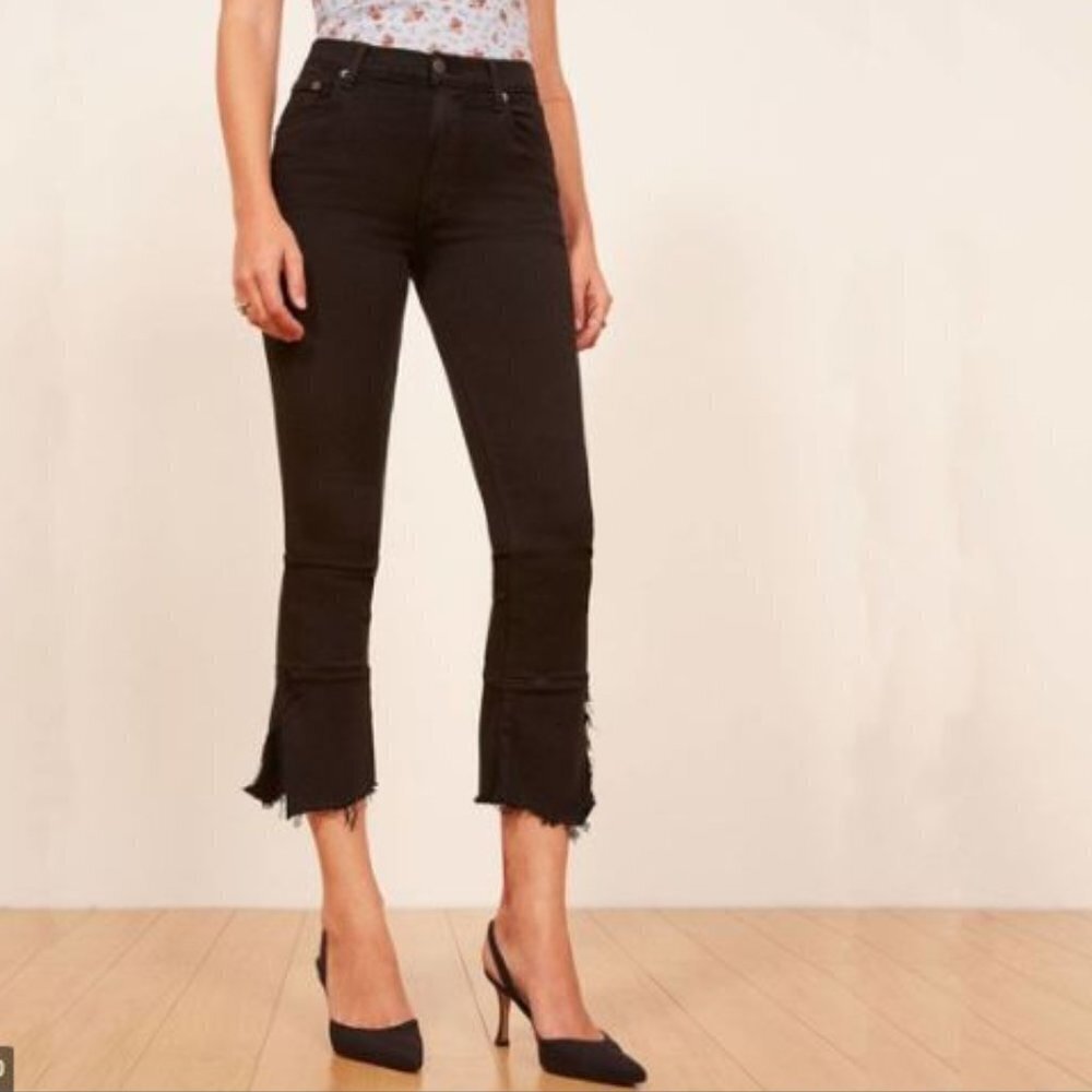 Reformation Womens Black High Rise Distressed Raw Hem Crop Jagger Jeans Size 26